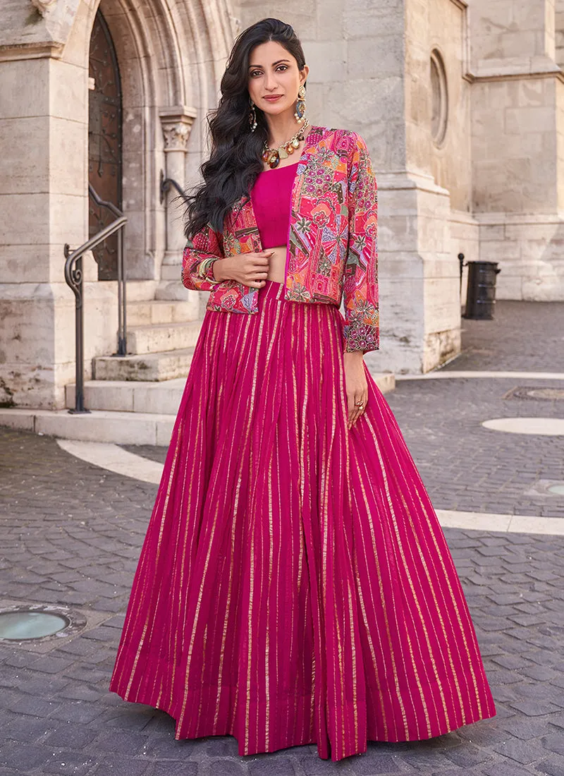 Magenta Pink Floral Embroidered Jacket Style Lehenga