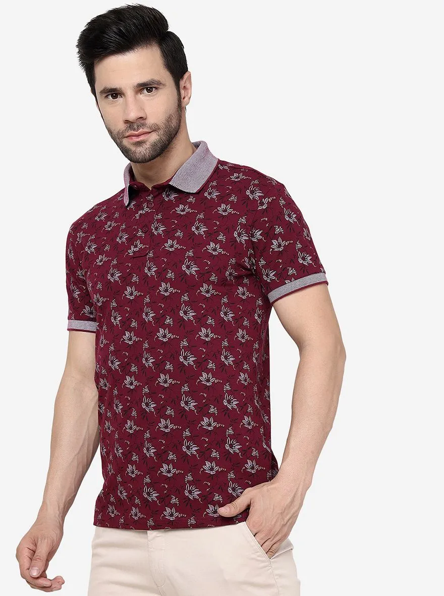 Maroon Printed Slim Fit Polo T- Shirt | JadeBlue