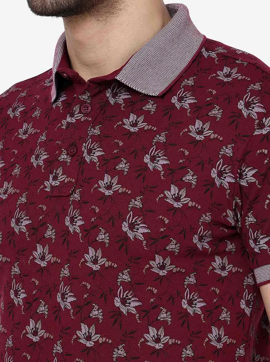 Maroon Printed Slim Fit Polo T- Shirt | JadeBlue