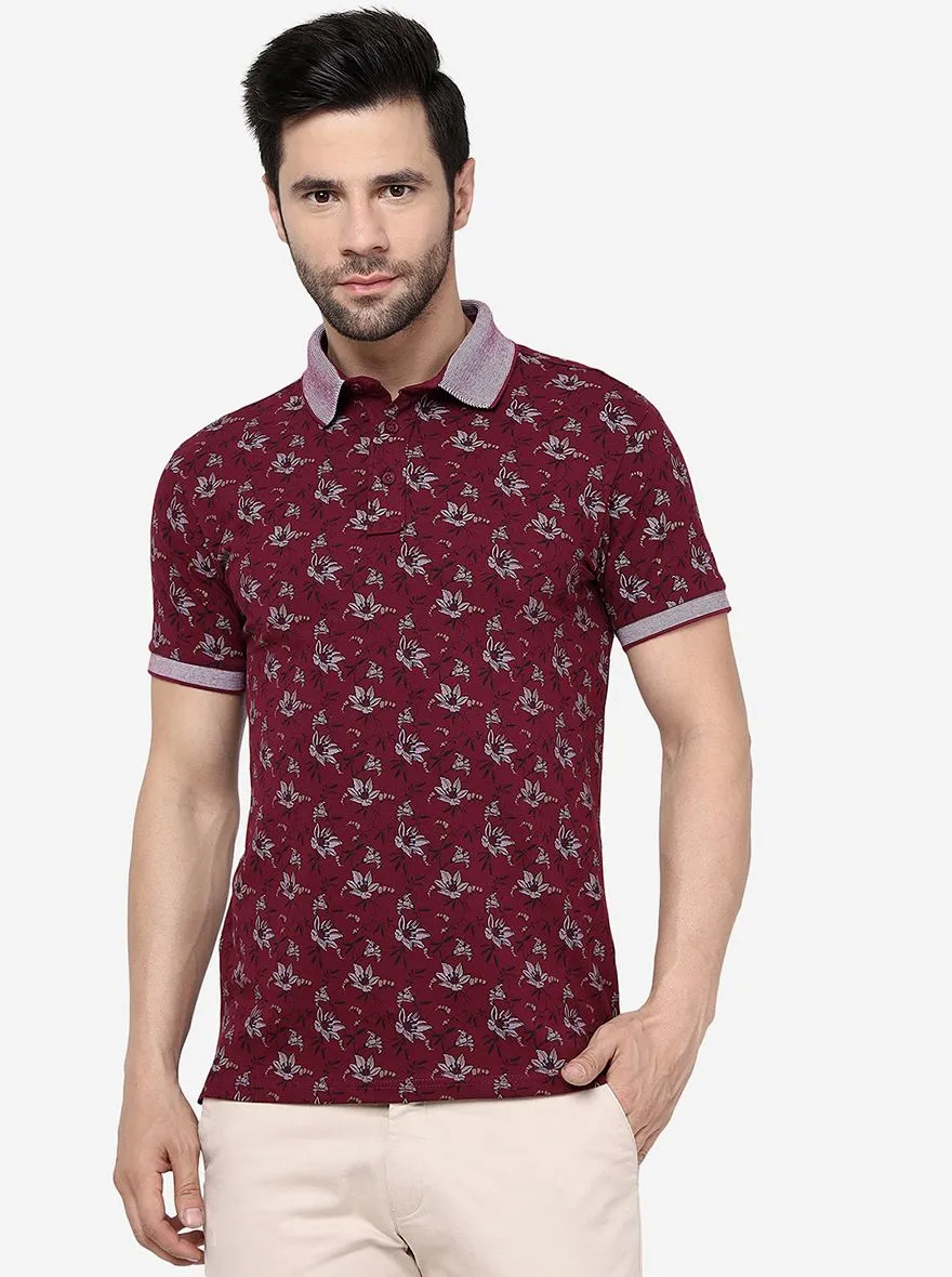 Maroon Printed Slim Fit Polo T- Shirt | JadeBlue