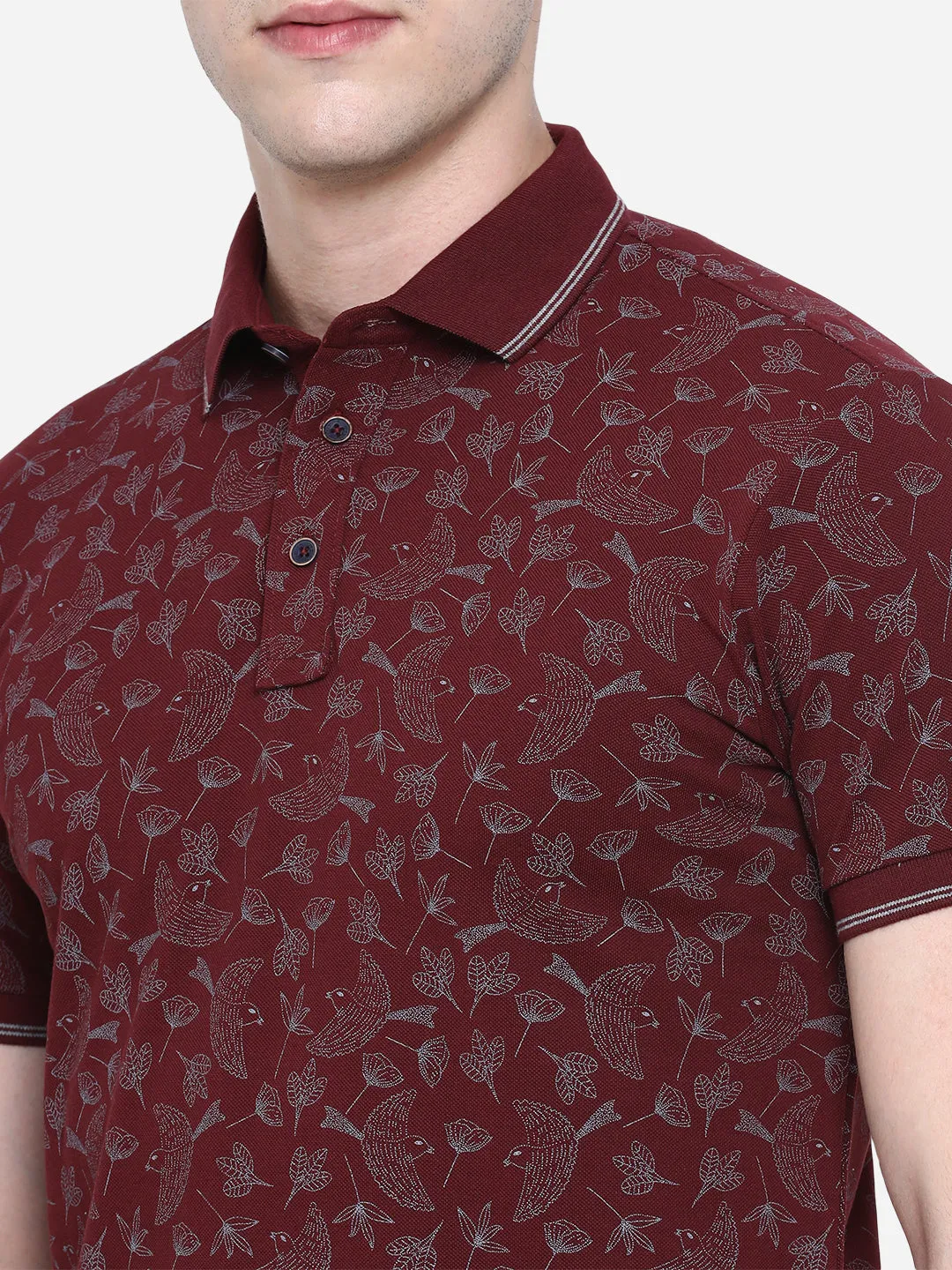 Maroon Printed Slim Fit Polo T-Shirt | JadeBlue