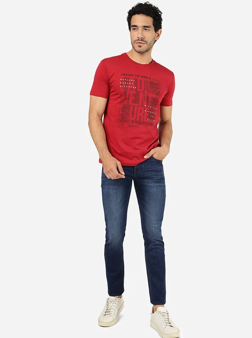 Maroon Printed Slim Fit T-Shirt | Greenfibre