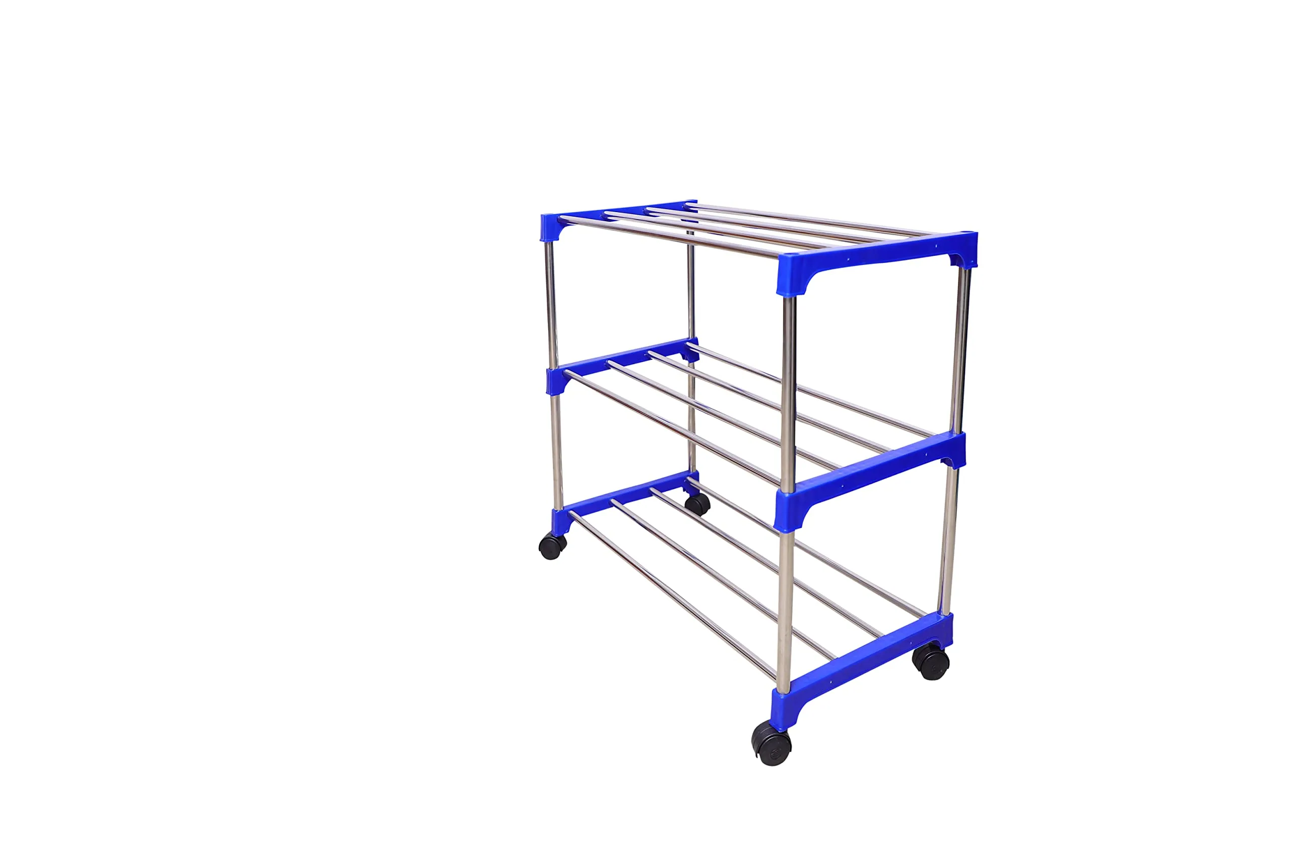 Mega stand Stainless Steel 3-Tier Shoe Rack - Durable, Foldable, and Stackable Shoe Stand for Closet, Entryway, and Doorway Organization - Premium Metal Shoe Storage Organizer for Home (Blue)