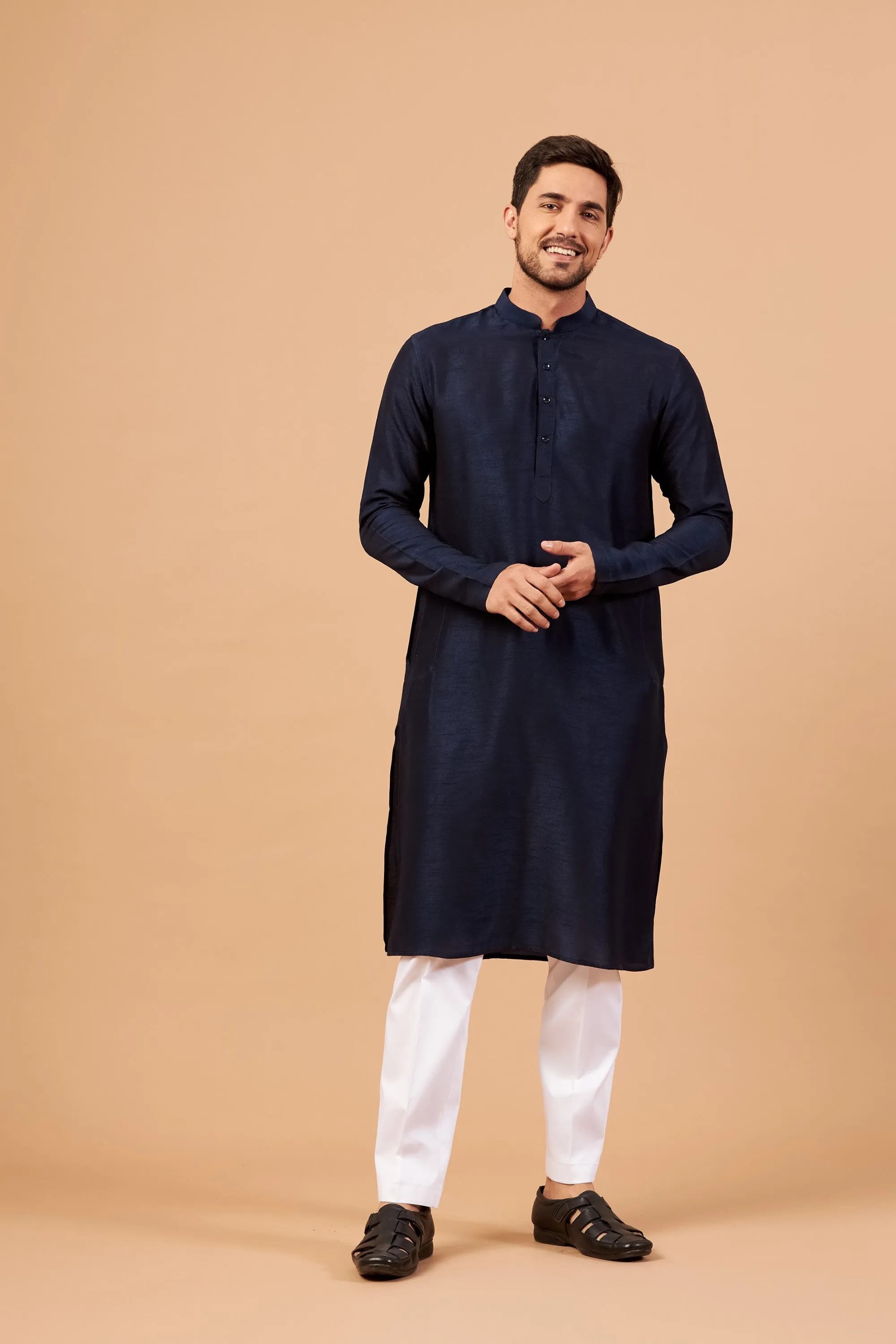 Men's Dark Blue Plain Kurta With Crop Pants - Hilo Design