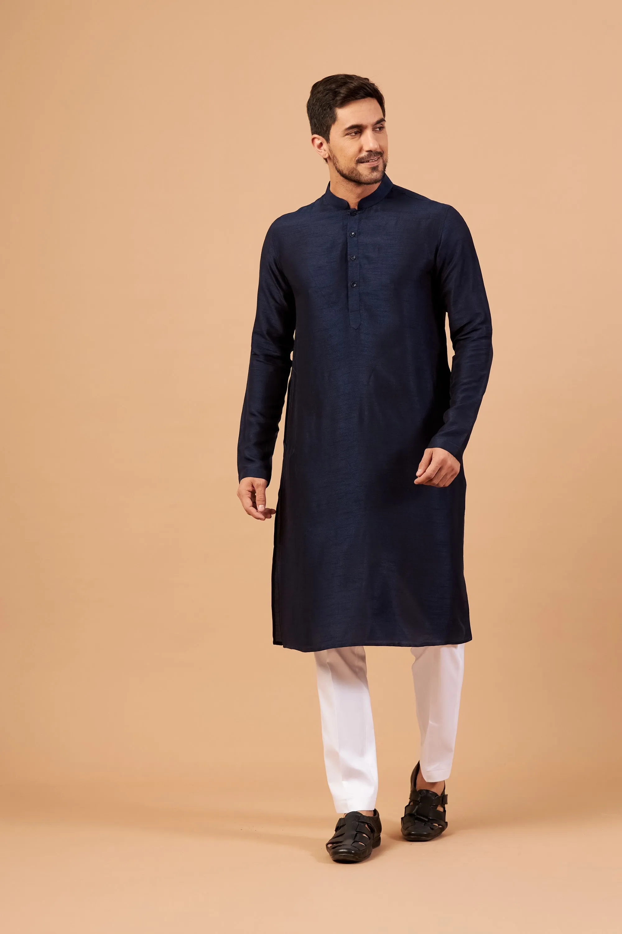 Men's Dark Blue Plain Kurta With Crop Pants - Hilo Design