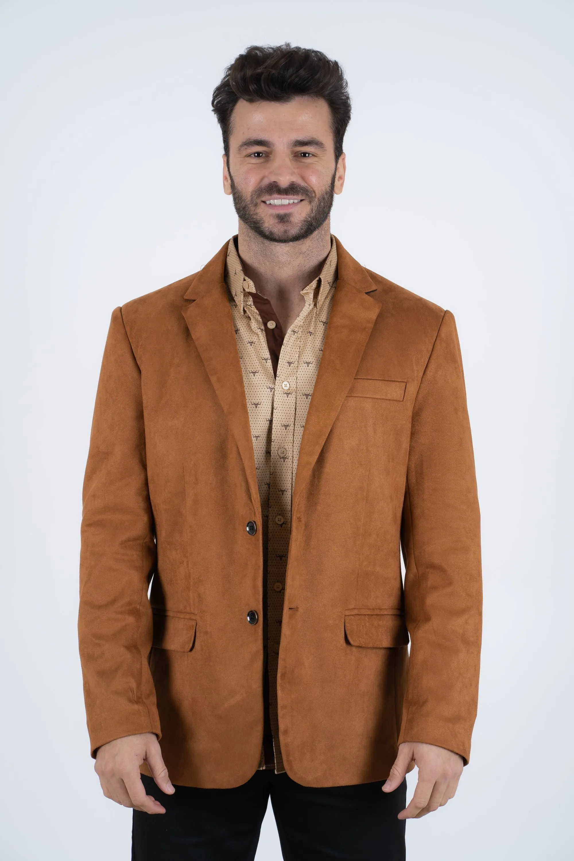 Men's Double Button Camel Faux-Suede Blazer