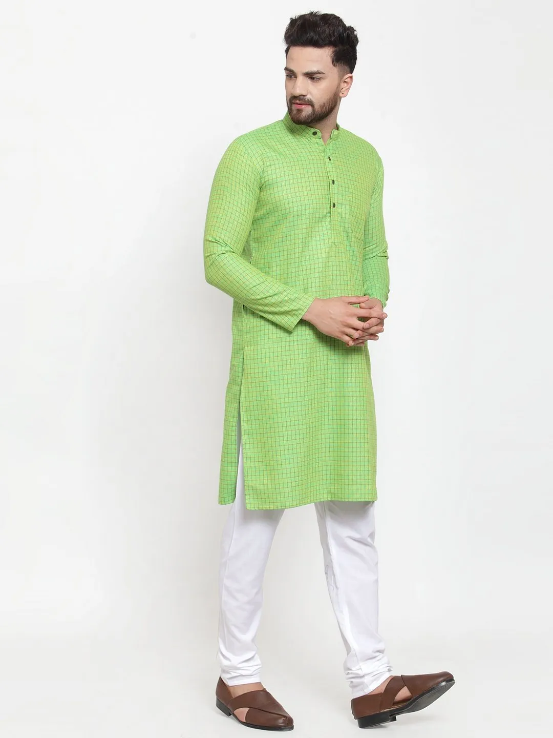 Men's Green Checked Self Design Kurta with White Churidar ( JOKP 603Green ) - Virat Fashions