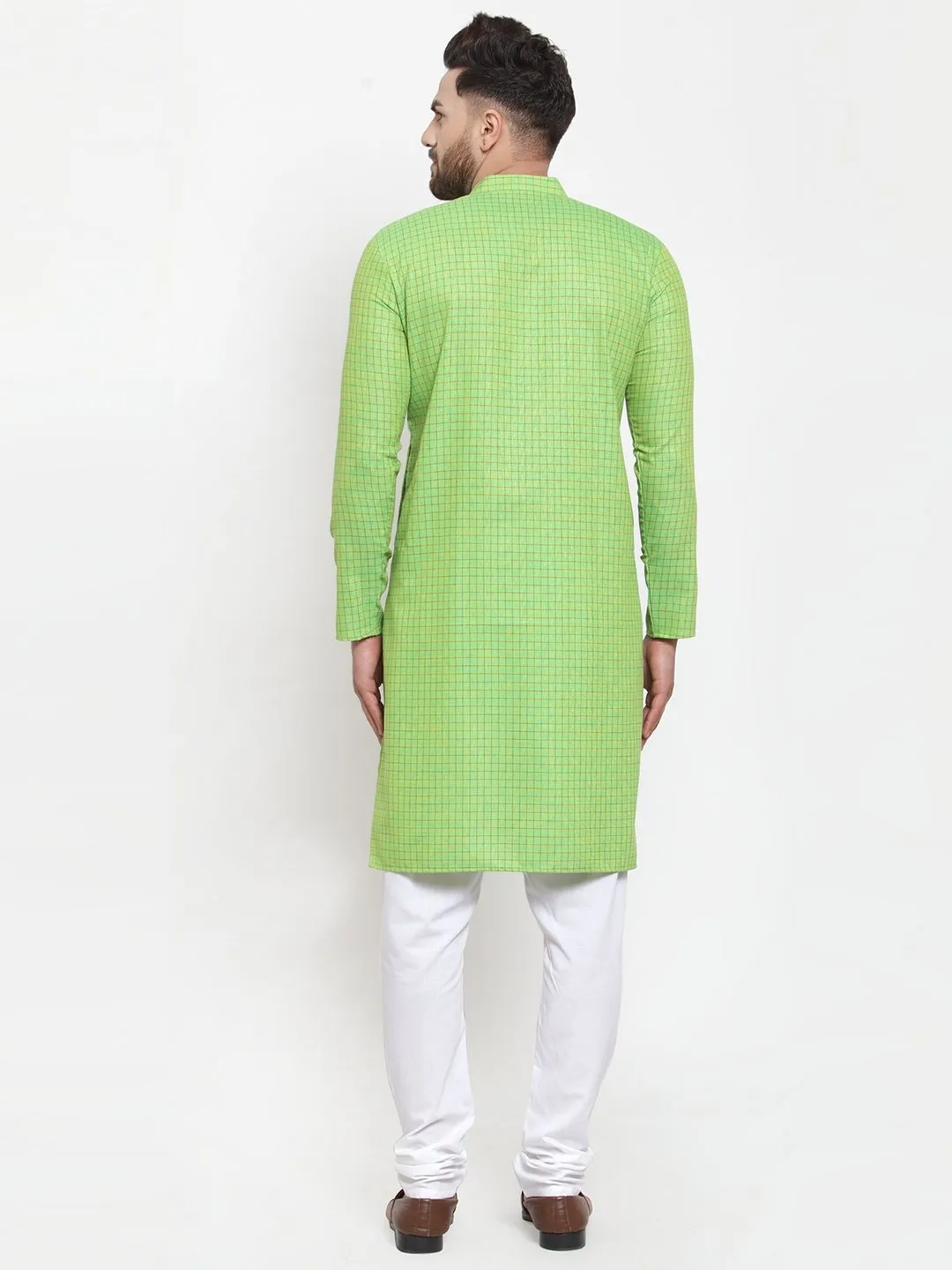 Men's Green Checked Self Design Kurta with White Churidar ( JOKP 603Green ) - Virat Fashions