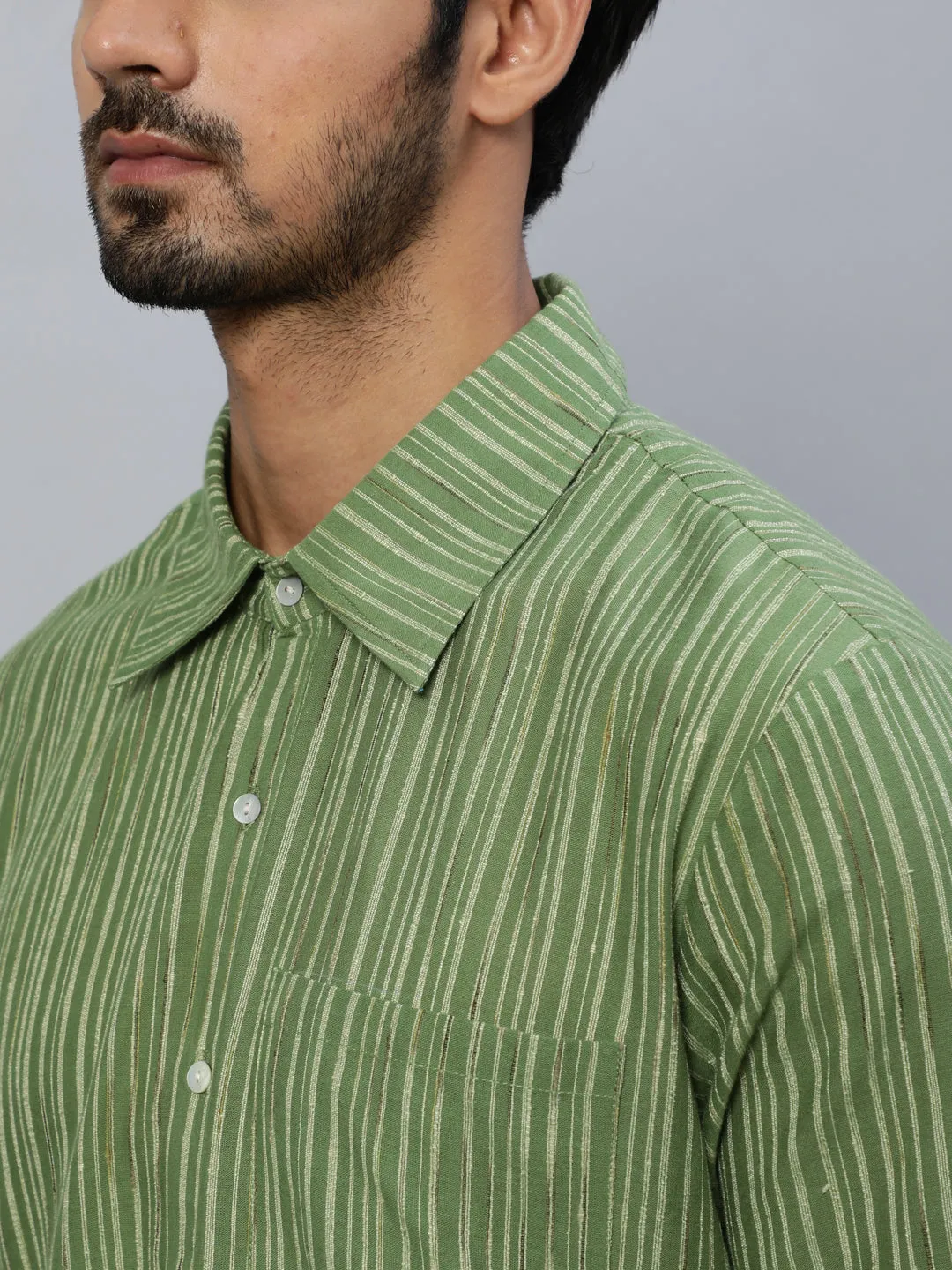 Men's Green Striped Slim Fit Long Kurta - Aks Men