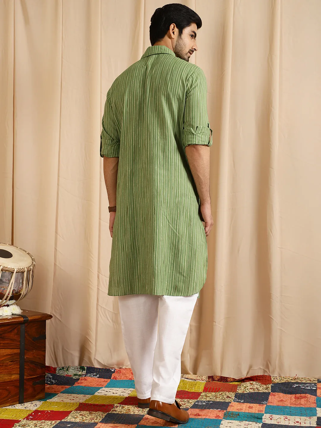 Men's Green Striped Slim Fit Long Kurta - Aks Men