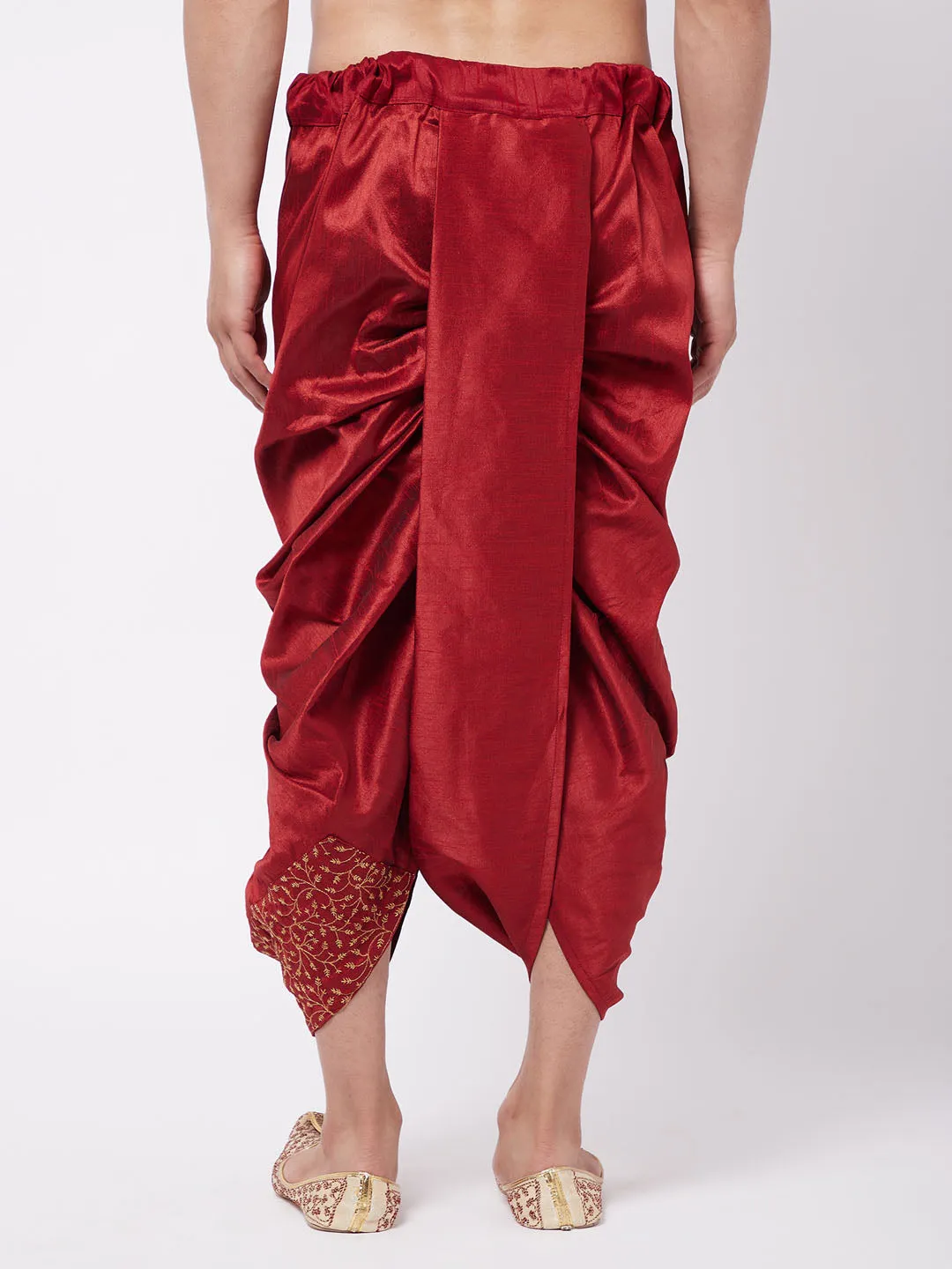 Men's Maroon Silk Blend Embroidered Dhoti - Vastramay