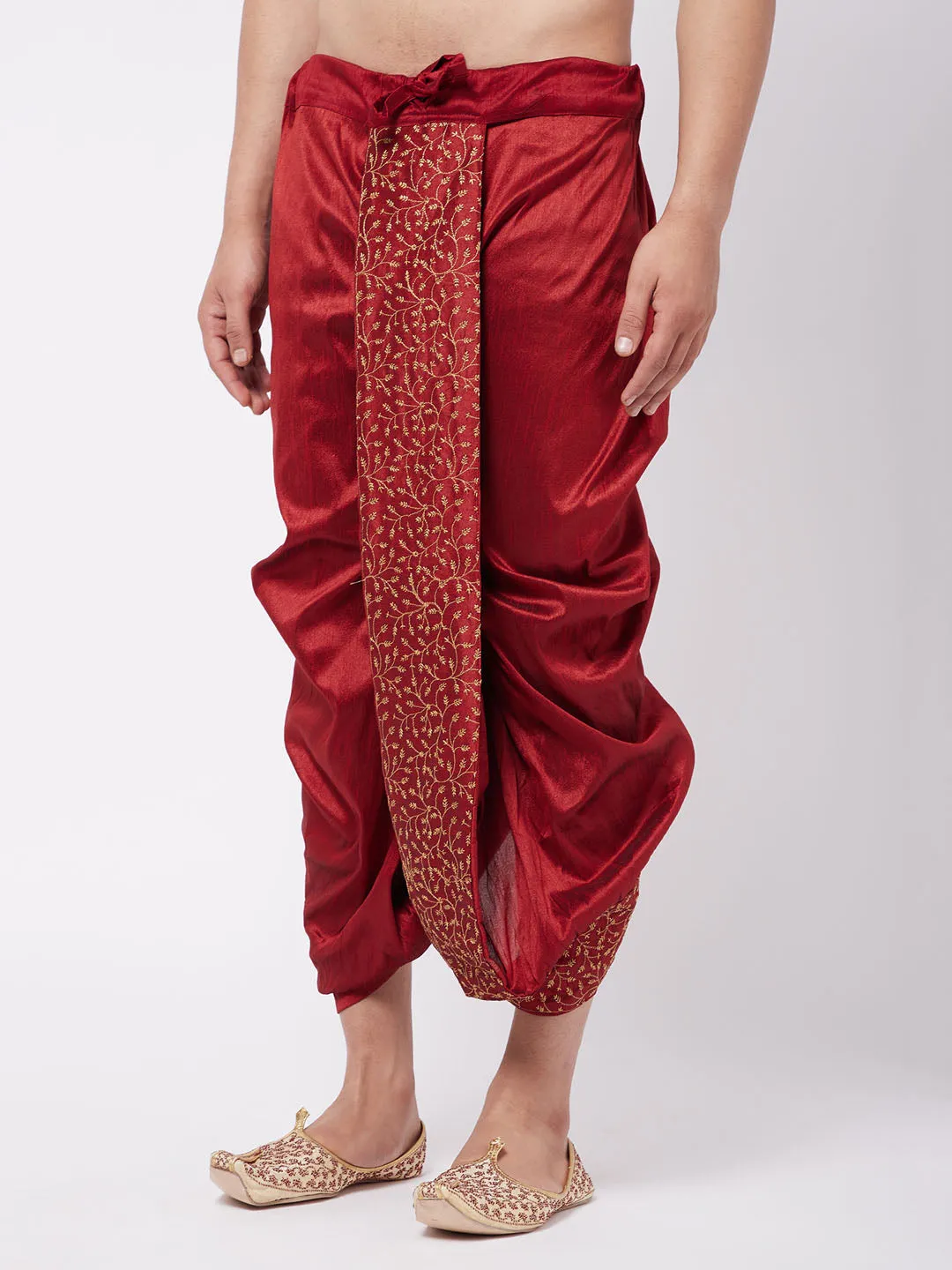 Men's Maroon Silk Blend Embroidered Dhoti - Vastramay