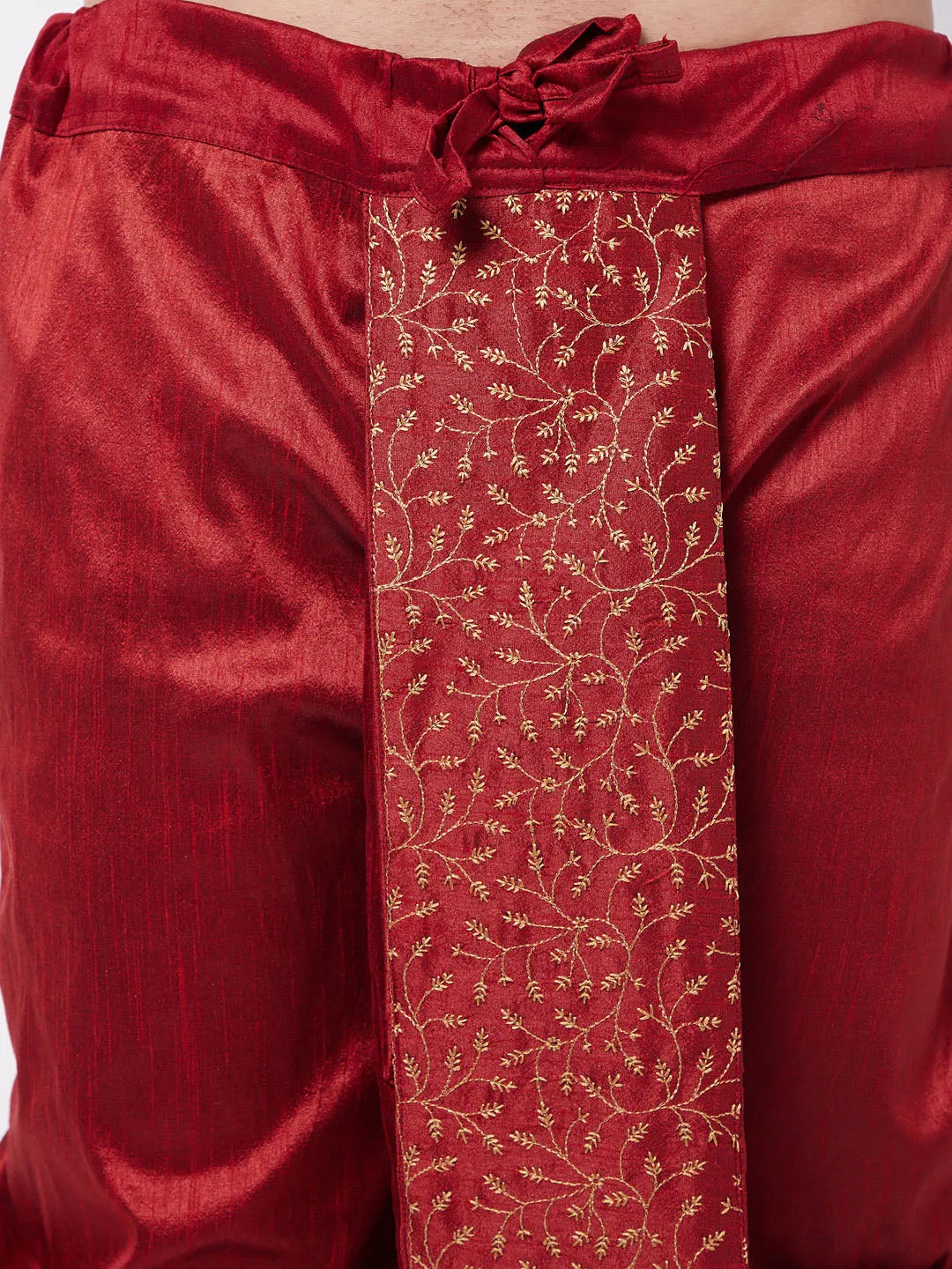 Men's Maroon Silk Blend Embroidered Dhoti - Vastramay