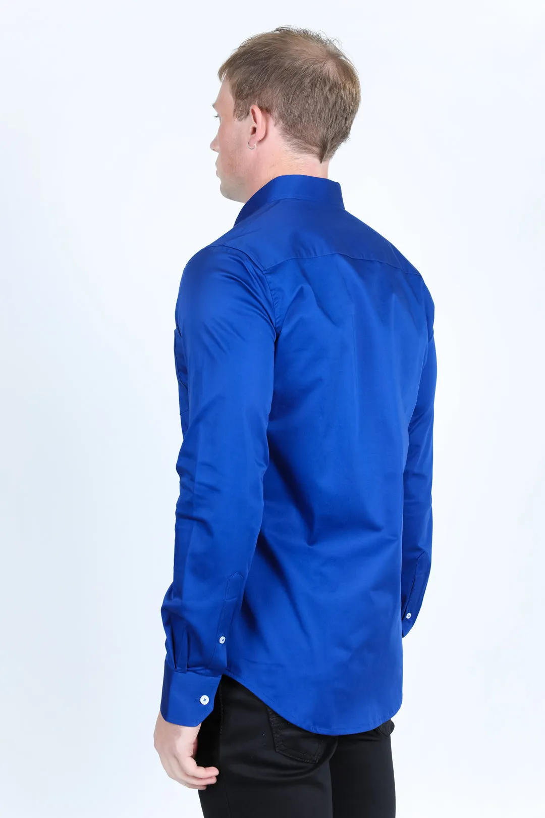 Men’s Single Pocket Logo Modern Fit Stretch Dress Shirt - Royal Blue