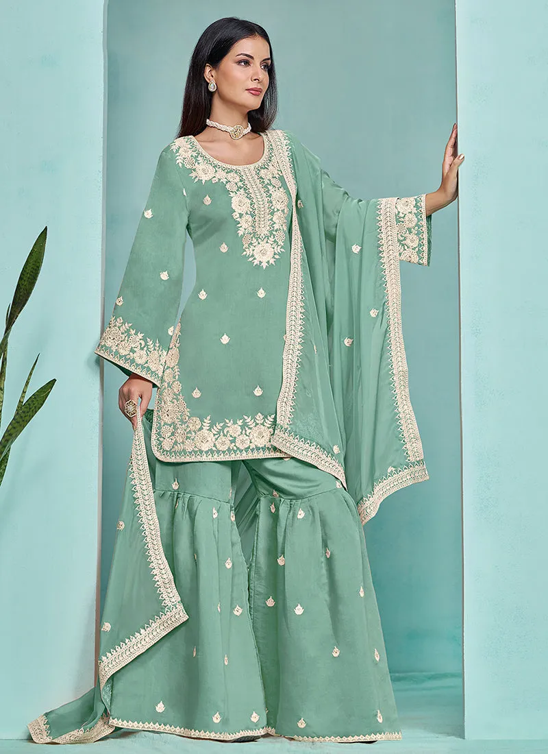 Mint Green Designer Embroidery Wedding Gharara Suit