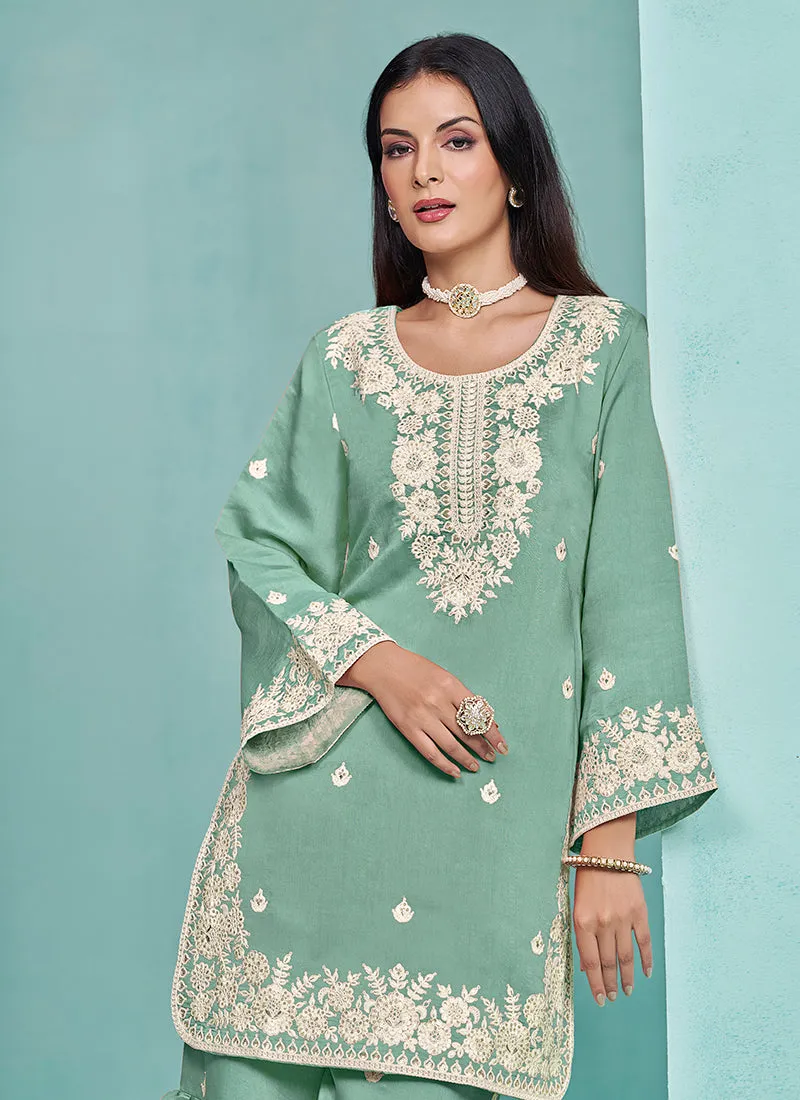 Mint Green Designer Embroidery Wedding Gharara Suit