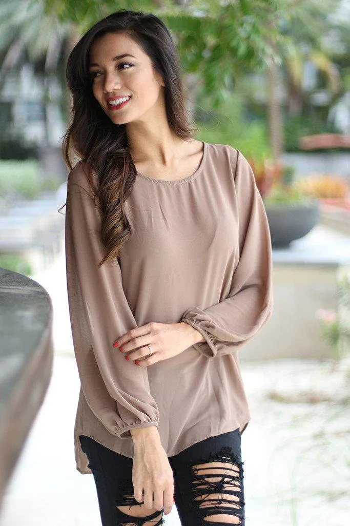 Mocha Chiffon Top With Lace Back