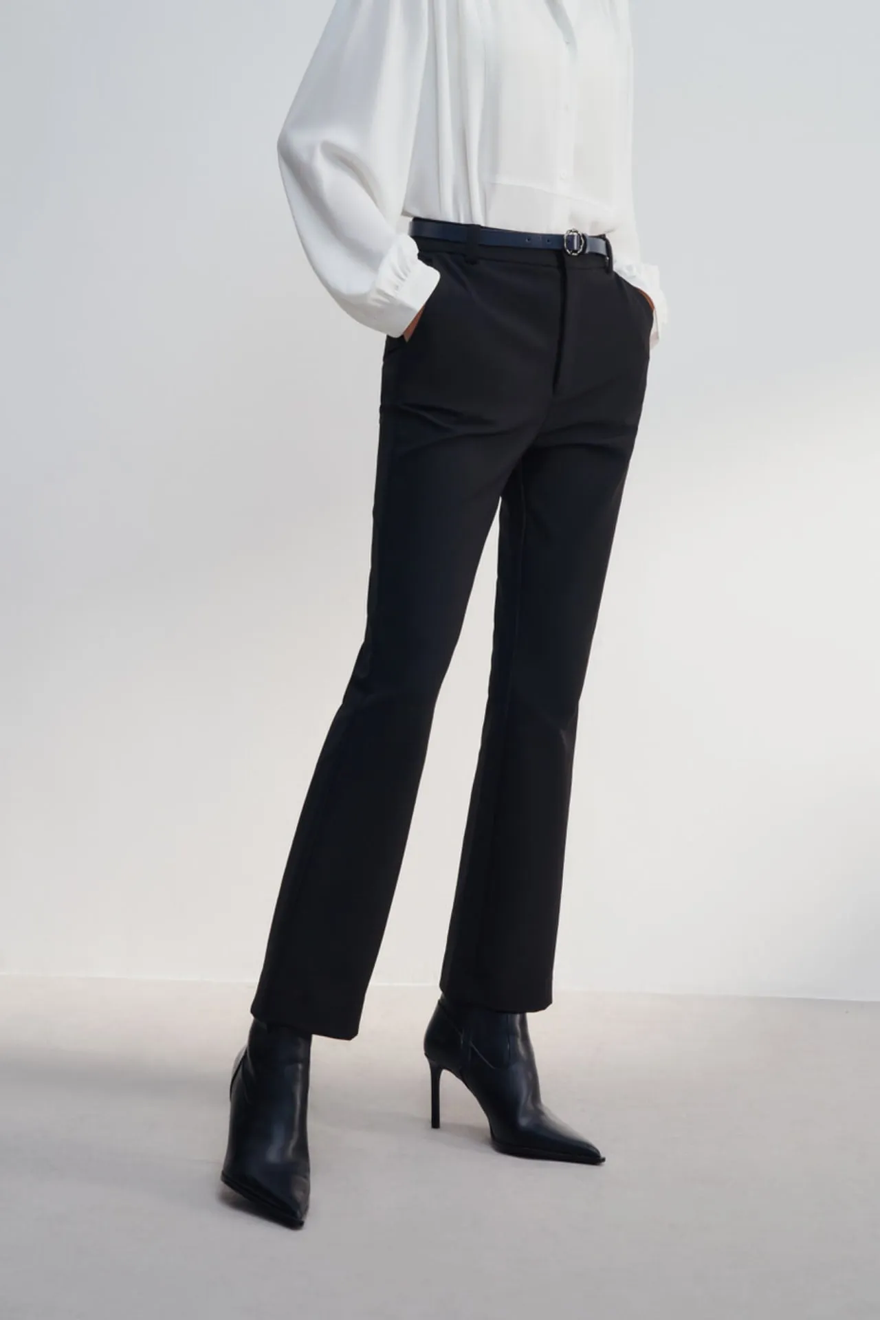 Multi-Way Stretch Plainwave Ankle Slim Boot Pants With Belt