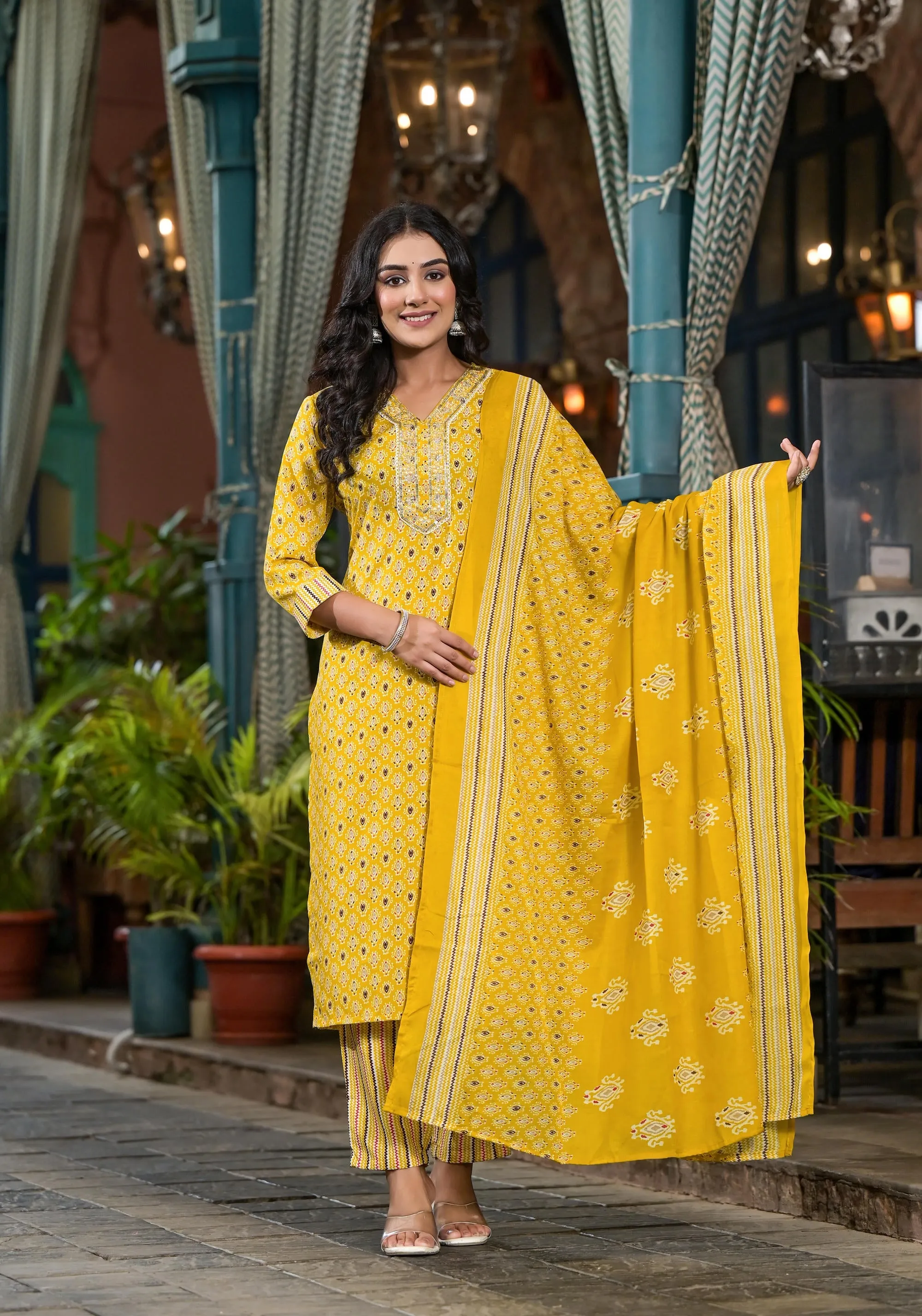 Mustard Ethnic Motif Printed Cotton Kurta Pant And Dupatta Set With Mirror work & Sequins