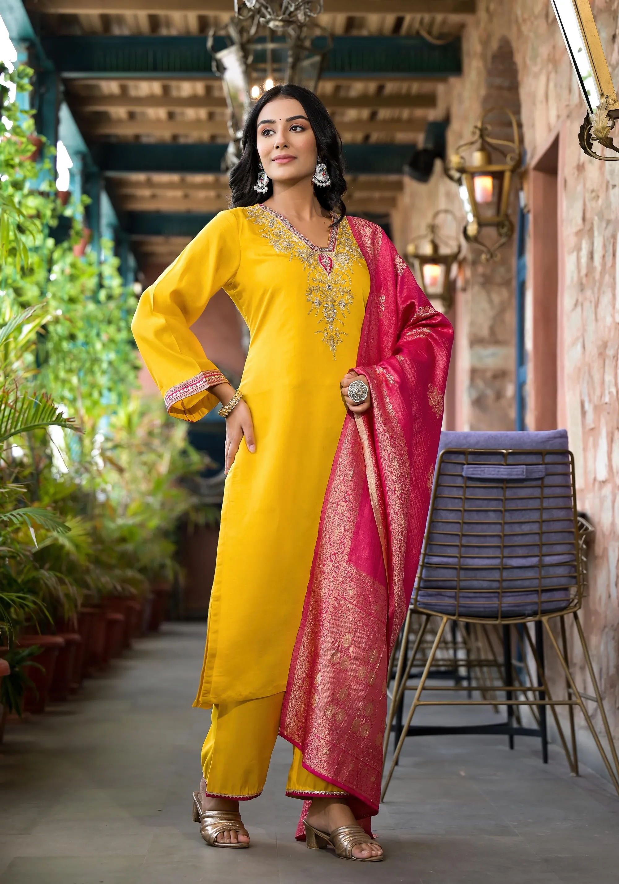 Mustard Zari Embroidered Viscose Kurta Pant And Dupatta Set With Mirror Work