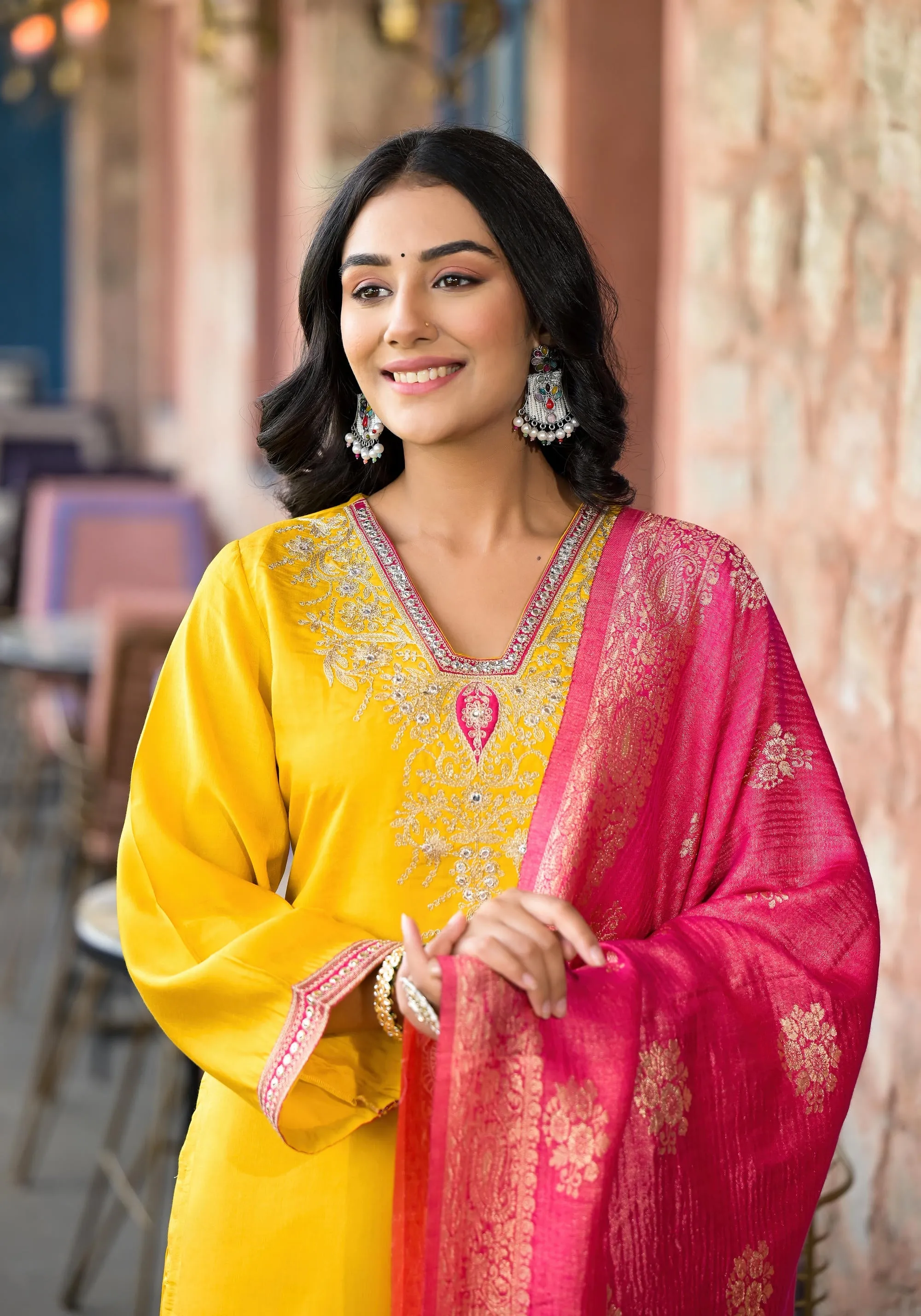 Mustard Zari Embroidered Viscose Kurta Pant And Dupatta Set With Mirror Work