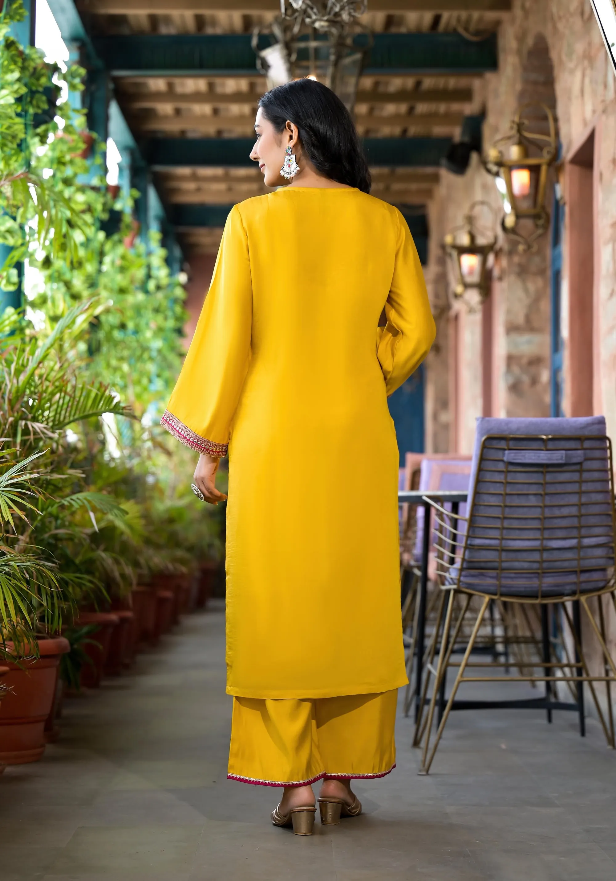 Mustard Zari Embroidered Viscose Kurta Pant And Dupatta Set With Mirror Work