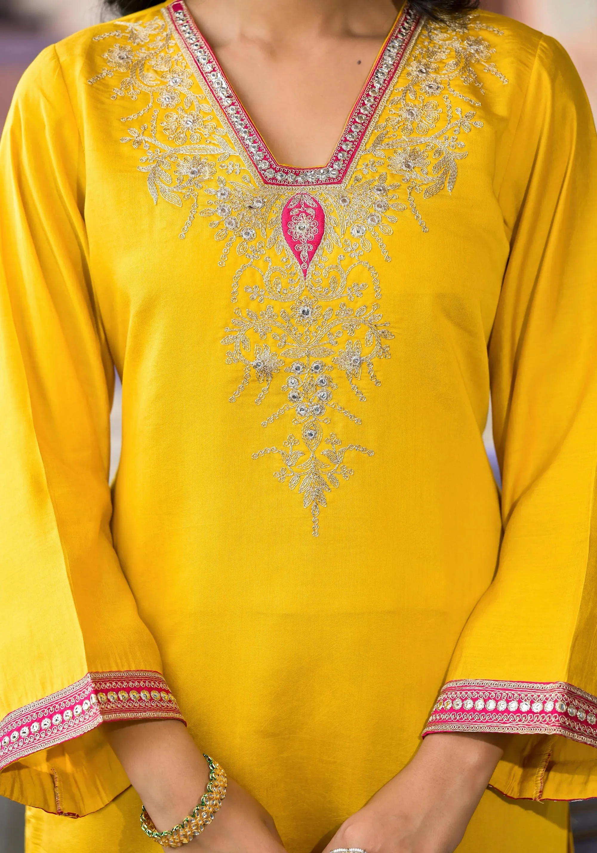 Mustard Zari Embroidered Viscose Kurta Pant And Dupatta Set With Mirror Work