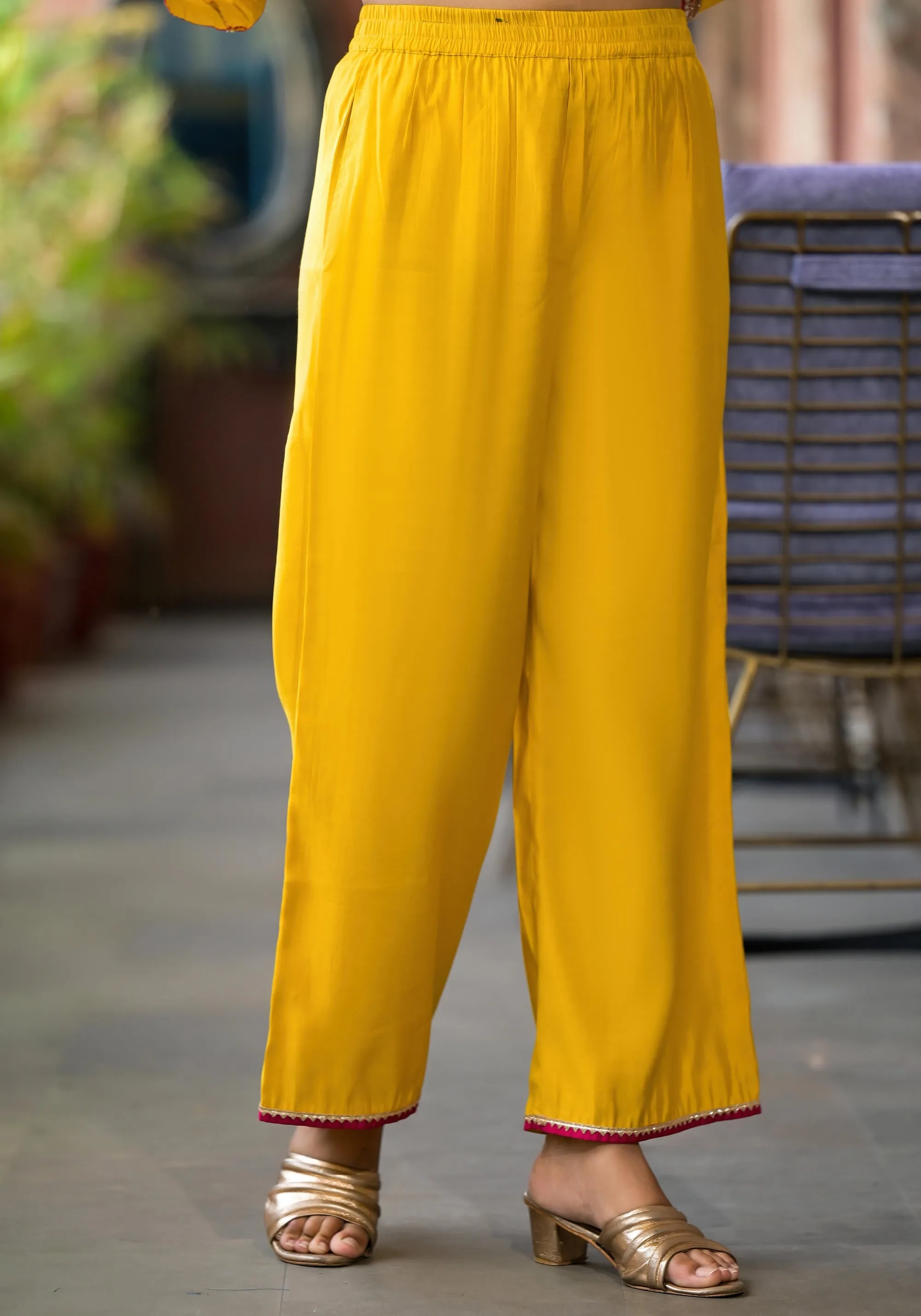 Mustard Zari Embroidered Viscose Kurta Pant And Dupatta Set With Mirror Work