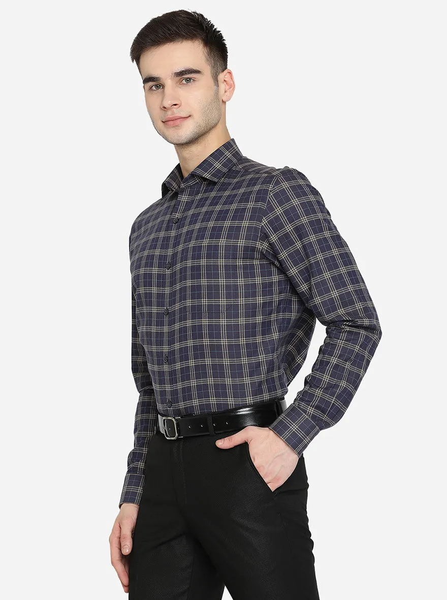 Navy Blue Checked Slim Fit Formal Shirt | JadeBlue London Edition