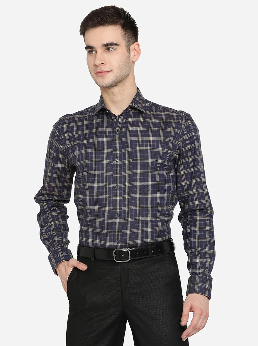 Navy Blue Checked Slim Fit Formal Shirt | JadeBlue London Edition