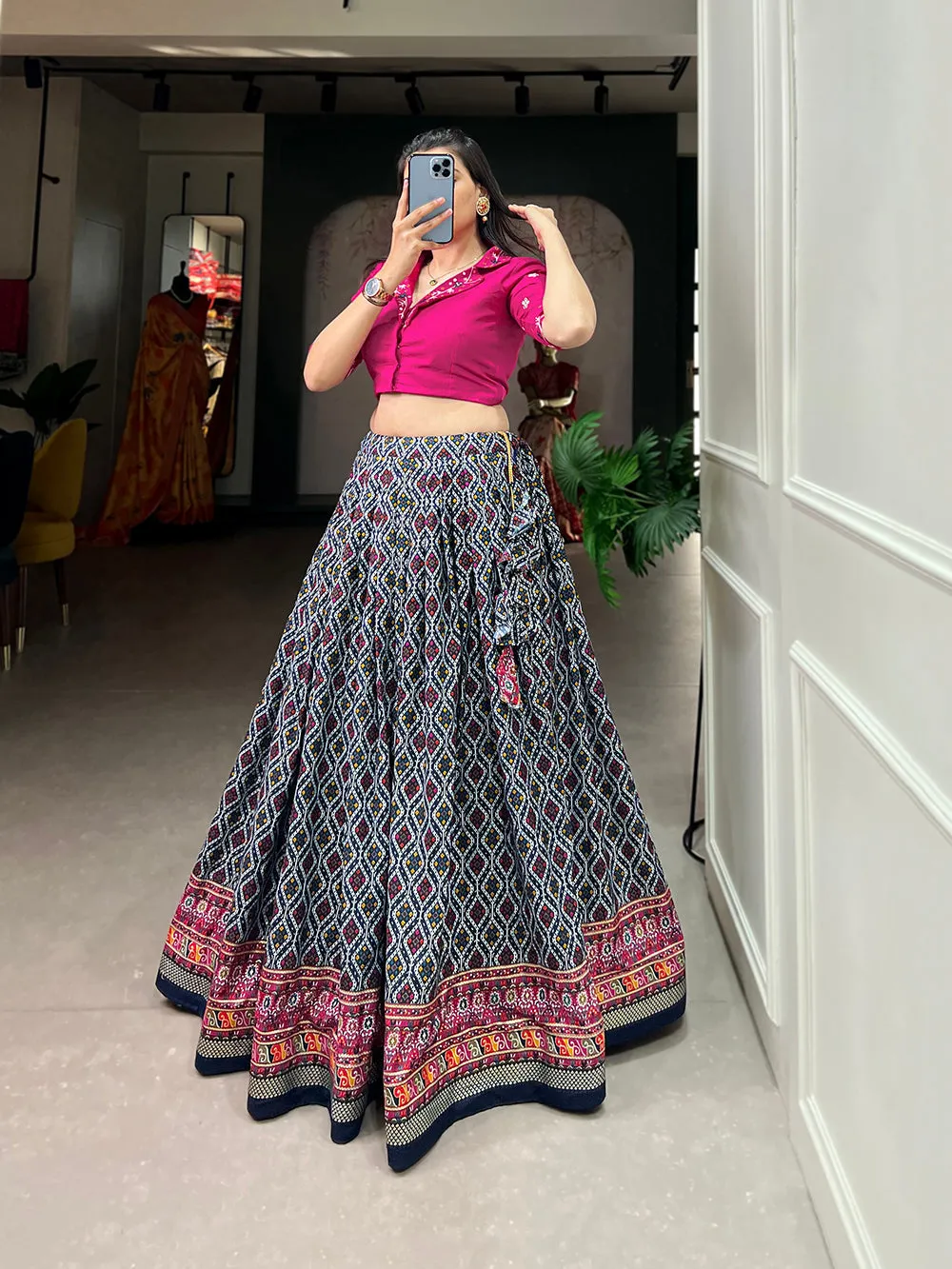 Navy Blue Color Patola With Foil Print Rayon Cotton Co-ord Set Lehenga Choli