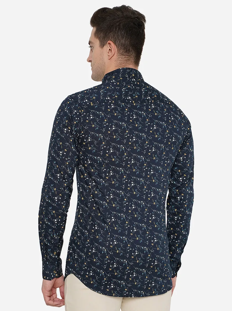 Navy Blue Printed Slim Fit Semi Casual Shirt | JadeBlue