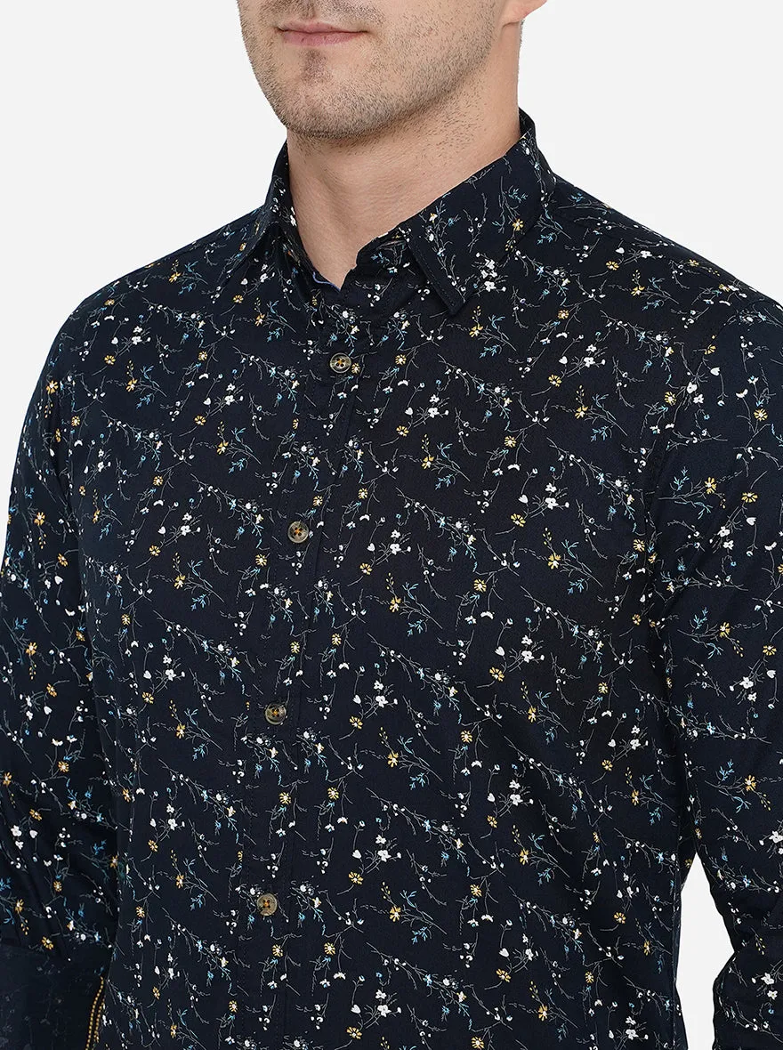 Navy Blue Printed Slim Fit Semi Casual Shirt | JadeBlue