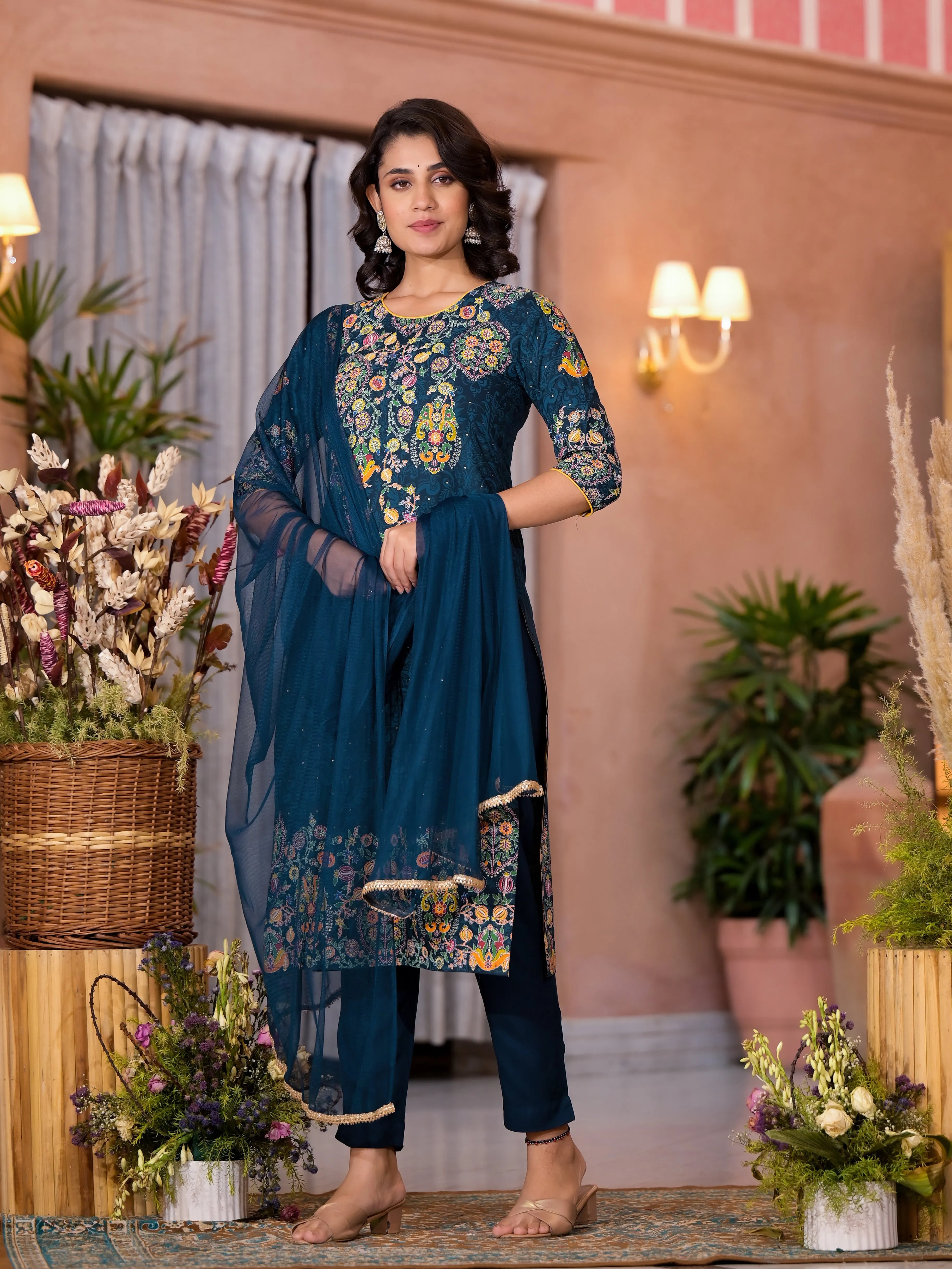 Navy Thread Embroidered Liva Rayon Kurta Pant And Dupatta Set With Sequins Beads & Lace