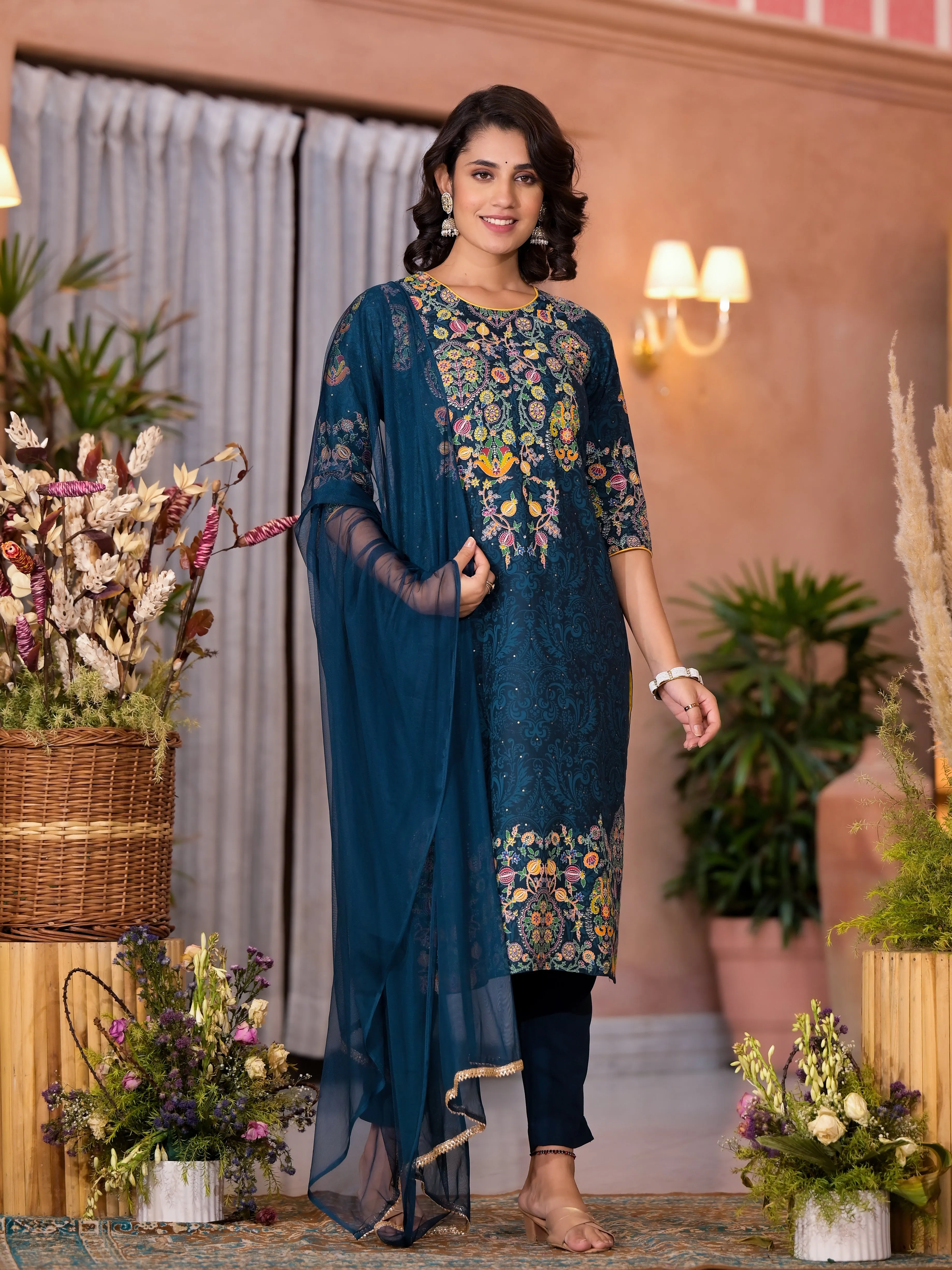 Navy Thread Embroidered Liva Rayon Kurta Pant And Dupatta Set With Sequins Beads & Lace