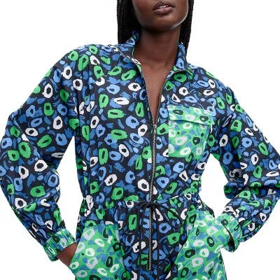 New - Diane von Furstenberg Nylon Long Sleeves Straight Leg Jumpsuits, Jazz Dots Green