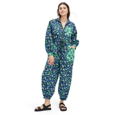 New - Diane von Furstenberg Nylon Long Sleeves Straight Leg Jumpsuits, Jazz Dots Green