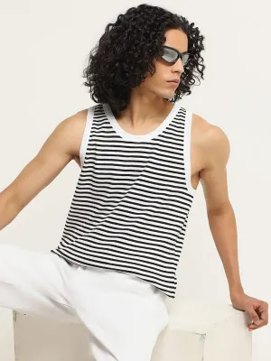 Nuon Black Striped Cotton Blend Slim Fit Vest