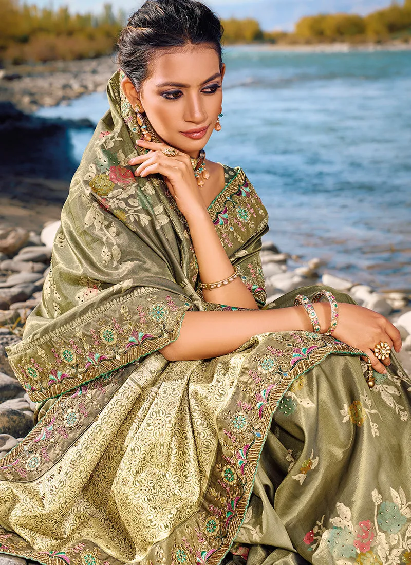 Olive Green Embroidery Banarasi Silk Saree