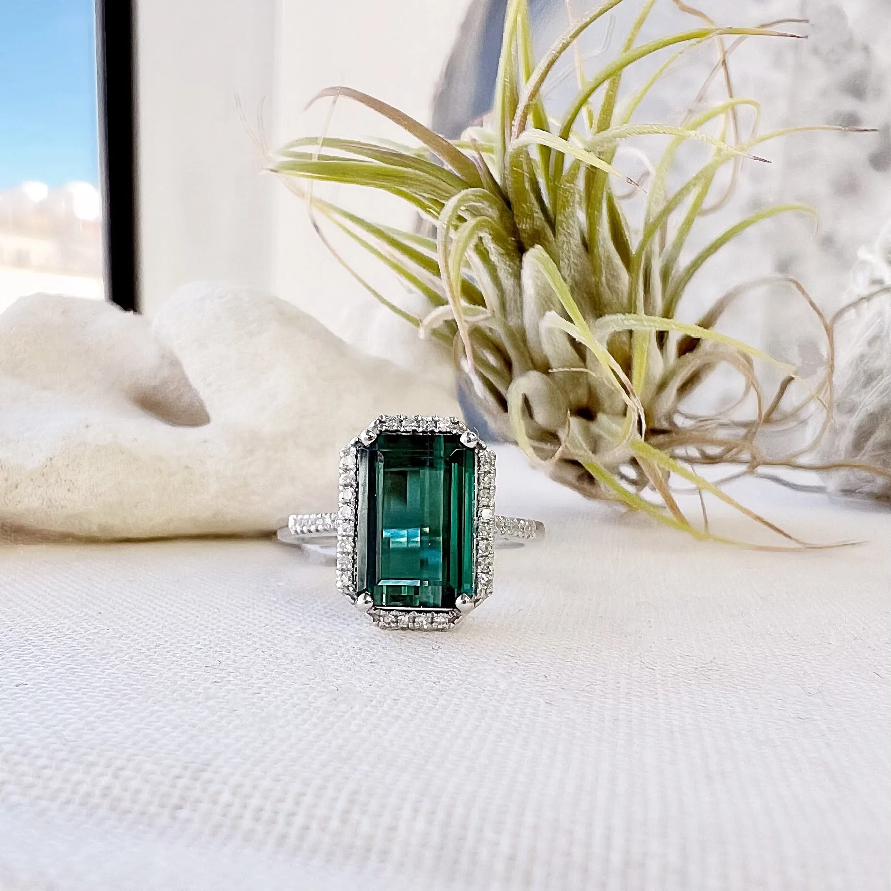 One of a Kind Green Tourmaline Ring in White Gold