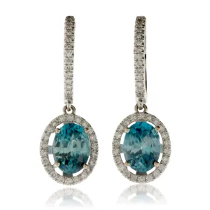 Oval Blue Zircon & Diamond Halo Dangle Earrings