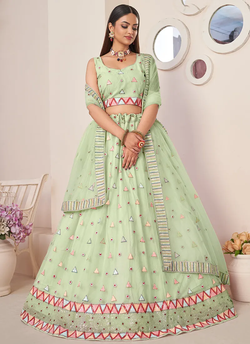 Pale Green Sequence Embroidery Festive Lehenga Choli