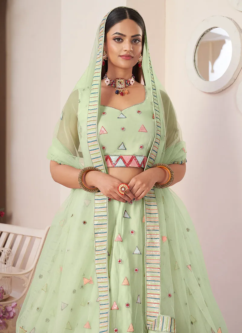 Pale Green Sequence Embroidery Festive Lehenga Choli