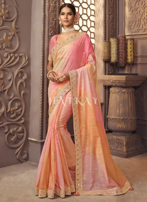 Pastel Orange Zari Embroidery Organza Silk Saree