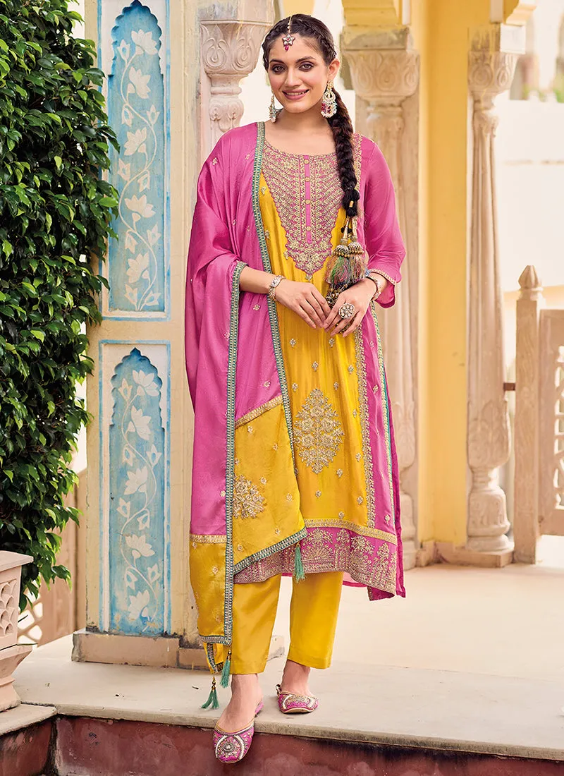 Pink And Yellow Multi Embroidery Punjabi Style Salwar Suit