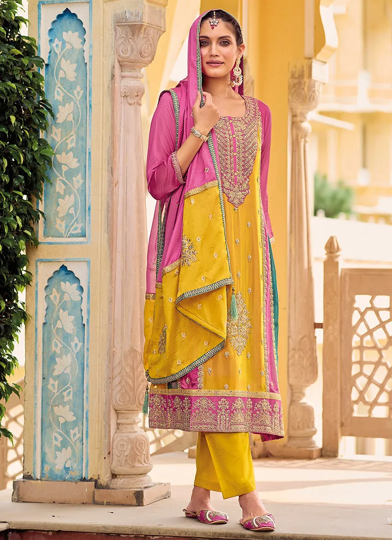 Pink And Yellow Multi Embroidery Punjabi Style Salwar Suit