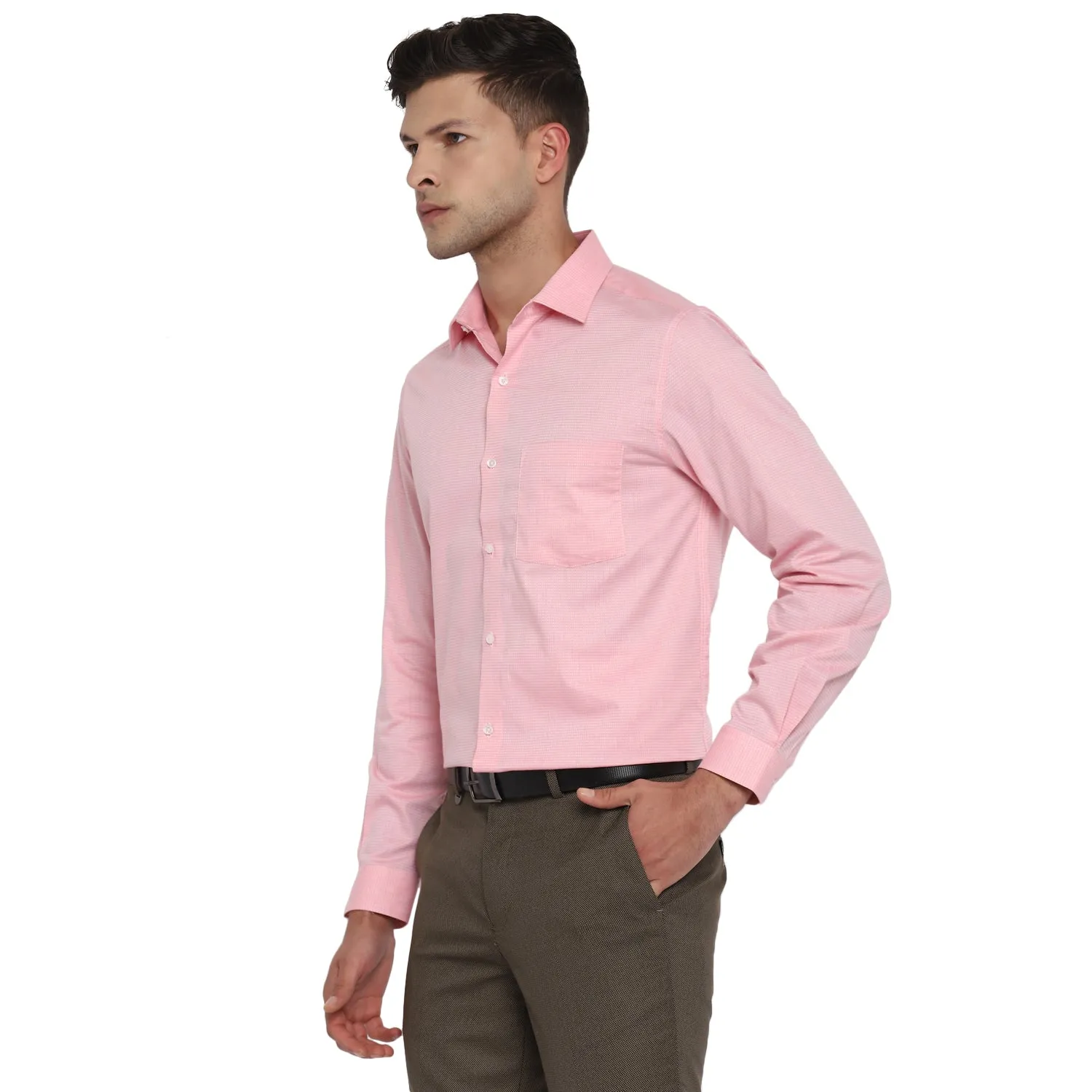 Pink Cotton Self Design Slim Fit Shirts