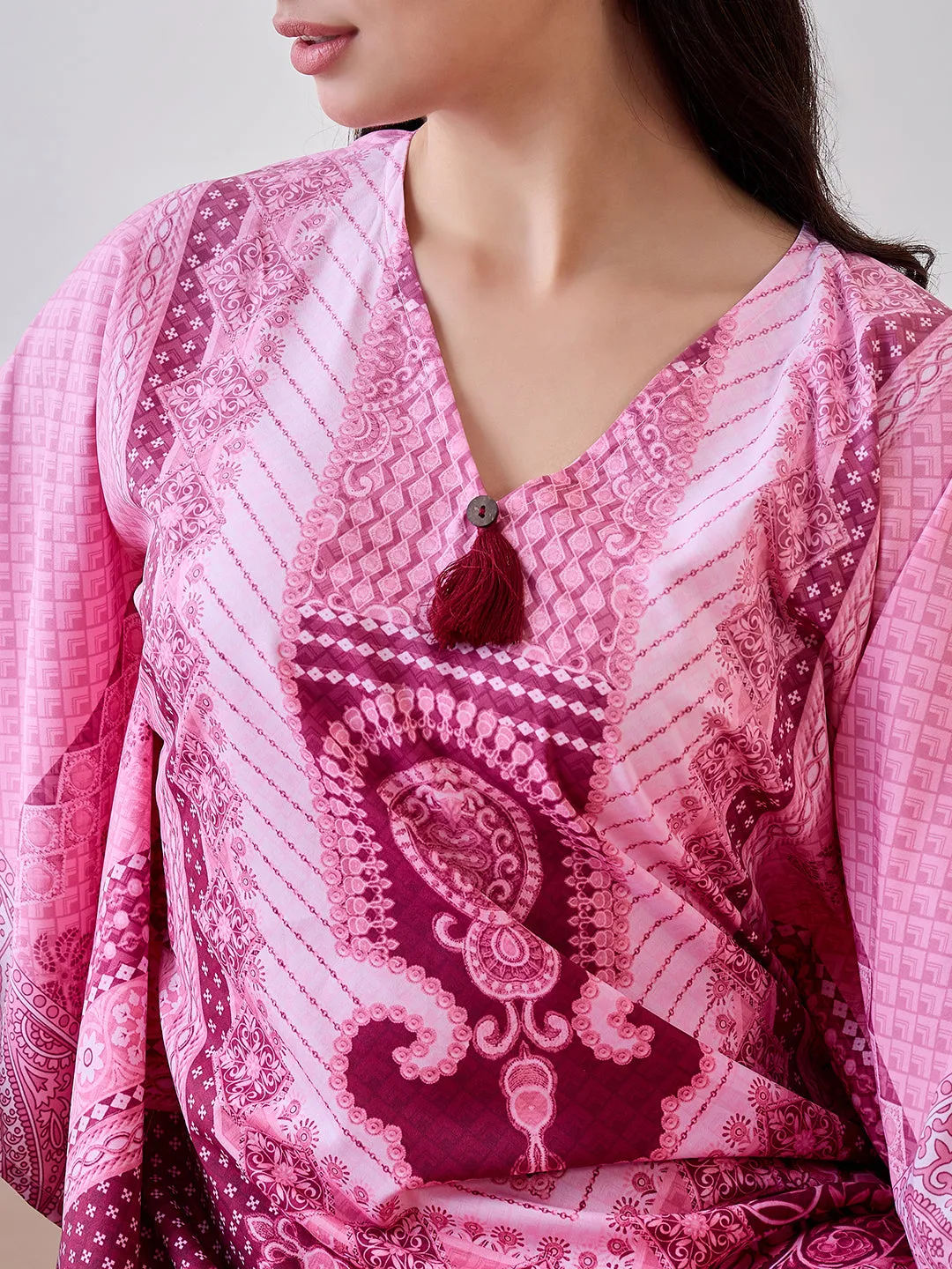 Pink Intricate Printed Crepe Kaftan Nightdress