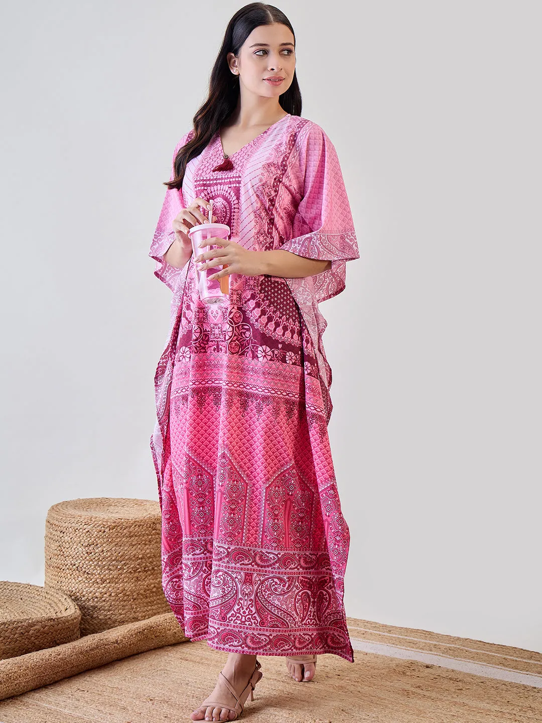 Pink Intricate Printed Crepe Kaftan Nightdress