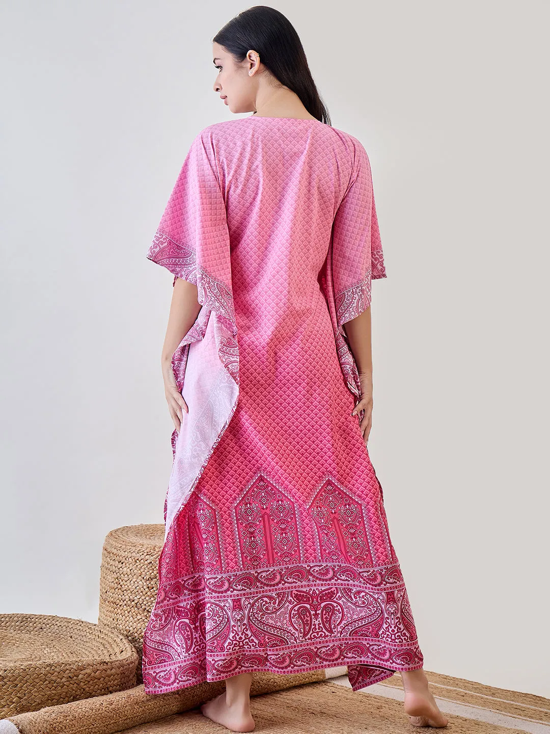 Pink Intricate Printed Crepe Kaftan Nightdress